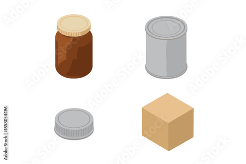 Packaging icon set in isometric style. Amber glass jar for medicine or cosmetics, metal food tin can, screw cap, and cardboard kraft box. Vector collection for branding.