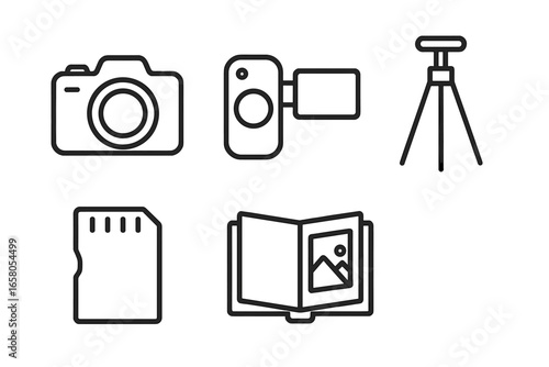 Minimalist outline photography and videography icon set featuring camera, video camera, tripod, photo album, and memory card, modern vector illustration on transparent background