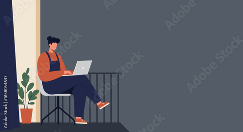 Person working on a laptop on a balcony. Concept of remote work, freelancing, home office, and flexible modern lifestyle.