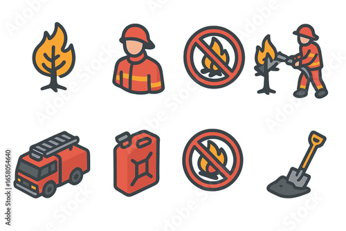 Wildfire prevention icons vector set. Isometric flat firefighter, fire truck, burning tree, prohibition sign, gas can, shovel. Forest wildfire emergency, fire safety, rescue and protection concept PNG