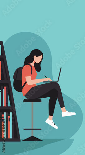 Young woman studying or working on a laptop with a stylus in a modern flat design illustration. Ideal for education, technology, and remote work concepts.