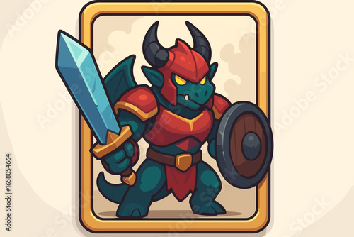 Dragon warrior monster on a collectible card. NFT crypto art for non-fungible token. Fictional gaming hero character for fantasy blockchain games. Digital art vector illustration.