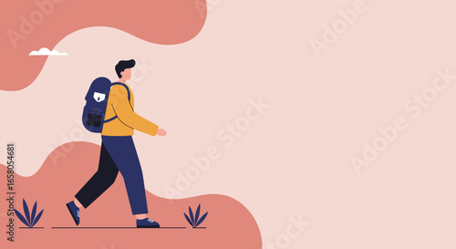 Man with backpack walking in a calm, minimalist landscape, symbolizing travel, journey, and exploration. Perfect for lifestyle and adventure themes.