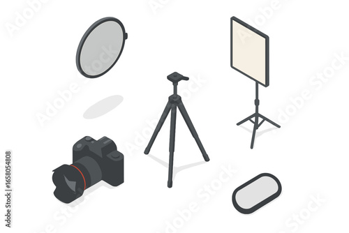 Isometric flat photography tools icon set with shadow effects including camera with lens hood, tripod, reflector, diffuser, vector illustration on transparent background for creative projects
