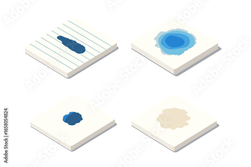 Isometric paper texture icon set. Vector illustration of ink stains and blots. Lined paper with ink bleed, watercolor wash effect, and liquid spots. Flat design graphic elements.