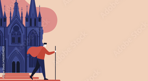 Stylized illustration of a person walking purposefully past a grand Gothic cathedral, evoking themes of travel, spirituality, and historical exploration. Ideal for banners or backgrounds.