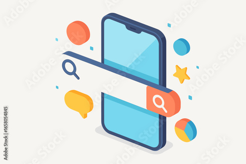 Online internet search on mobile phone. Isometric smartphone with search bar popping out. Concept for website browsing, data discovery, information seeking, web surfing and SEO.