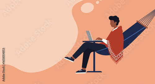 A person comfortably works on a laptop while relaxing in a hammock, symbolizing remote work, leisure, and modern digital lifestyle.