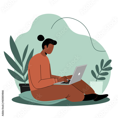 Person working on a laptop in a comfortable, relaxed setting at home, surrounded by plants. Ideal for remote work, online learning, or freelance business concepts.