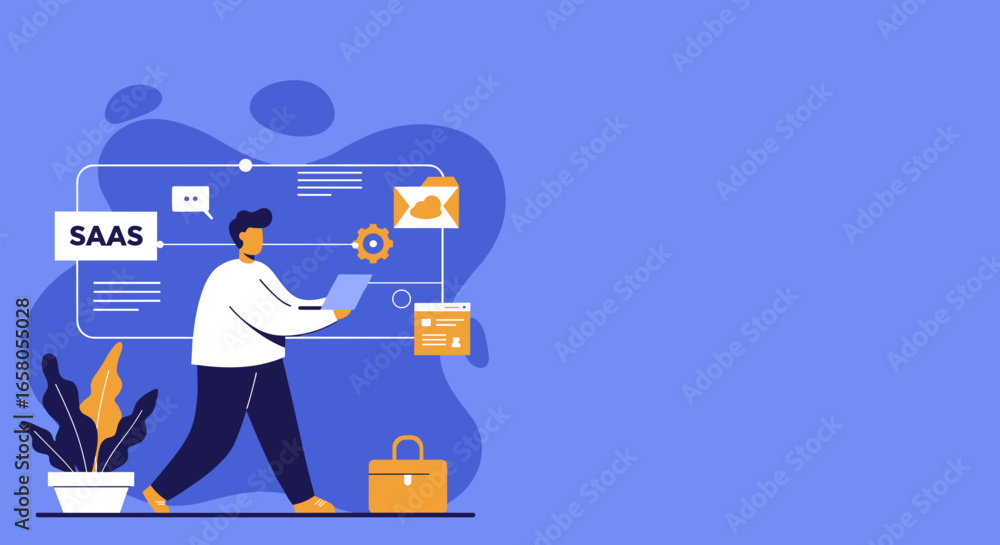 Illustration of a person interacting with SaaS (Software as a Service) cloud solutions, symbolizing modern business, digital administration, and efficient online workflow. Illustration of a person interacting with SaaS (Software as a Service) cloud solutions, symbolizing modern business, digital administration, and efficient online workflow.