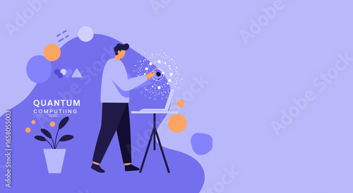 Person engaging with quantum computing technology, visualizing complex data. Represents innovation, future science, and advanced research concepts.