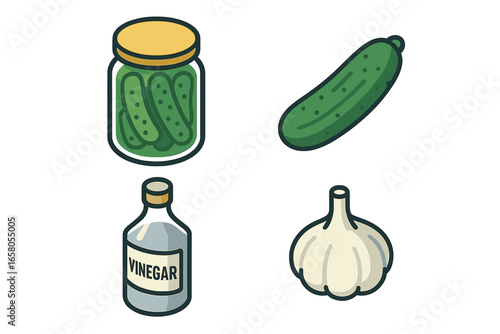 Isometric Flat Icon Set of Pickling Essentials Featuring Pickled Cucumber, Glass Jar with Lid, and Distilled Vinegar Bottle in Vector Illustration on Transparent Background