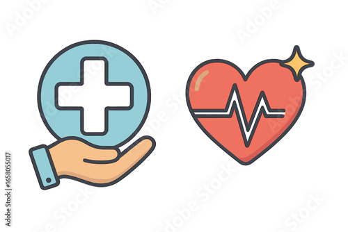 Hand holding medical cross symbol and heart with cardiogram line. Concept of healthcare, medical assistance, cardiology, health insurance, and life support. Vector icon set.
