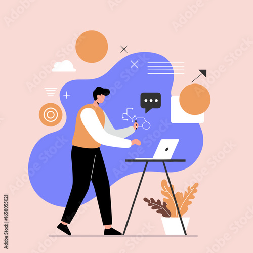 Modern illustration of a professional working on a laptop at a standing desk, symbolizing digital creativity, business development, and effective project management.