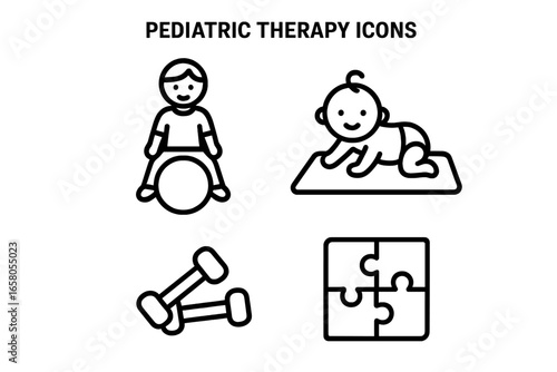 Pediatric therapy outline icons set for physical and occupational rehabilitation. Child development concepts like motor skills with therapy ball, play mat, dumbbells, and puzzle.