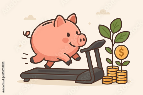 Let money work for you. Passive income concept with piggy bank running on a treadmill. Growing money tree and coins. Investment, savings growth, financial success metaphor. Vector.