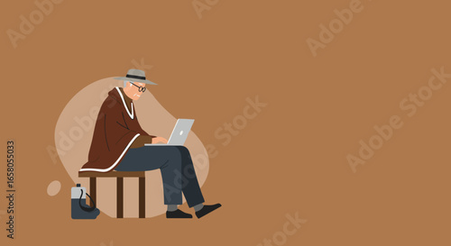 Senior man in traditional attire using a laptop outdoors. Depicts remote work, travel, modern lifestyle, and digital literacy for older adults.