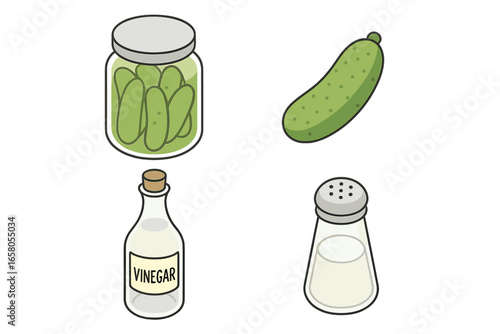 Isometric flat vector icons set of pickling essentials including pickled cucumber, glass jar with lid, and distilled vinegar bottle, food preservation, kitchen ingredients, homemade pickles