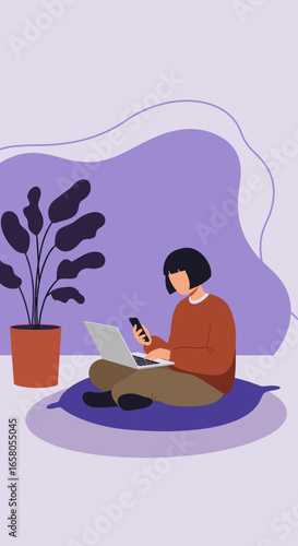 Person working or studying remotely from home with laptop and smartphone, embodying flexible work and online connectivity for modern lifestyle.