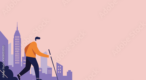 Modern illustration of a man walking with a stick against an urban skyline backdrop, conveying concepts of daily life, city exploration, or personal journey.