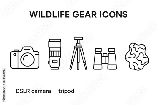 Wildlife Photography Gear Icons Outline Vector Set with DSLR Camera, Telephoto Lens, Tripod, Binoculars, Camouflage Equipment Illustration on Transparent Background