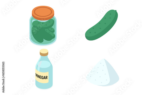Isometric Vector Set of Pickling Essentials with Glass Jar of Pickled Cucumbers, Fresh Cucumber, Vinegar Bottle, and Salt Icon for Food Fermentation and Preservation Concepts