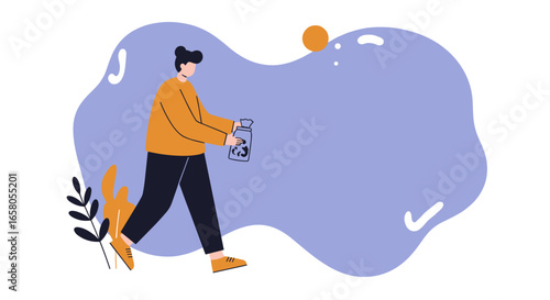 Person holding a jar with recycling symbol, promoting environmental care, sustainability, and waste management. Ideal for eco-friendly concepts and conscious living.