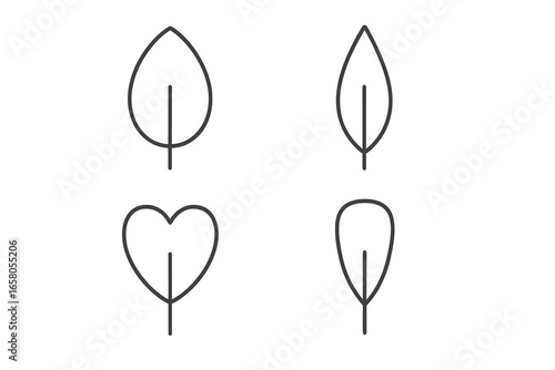 Petal and leaf shapes icon set. Botanical collection of different leaf forms: ovate, lanceolate, obcordate, spatulate. Minimalist outline vector illustration for nature design.