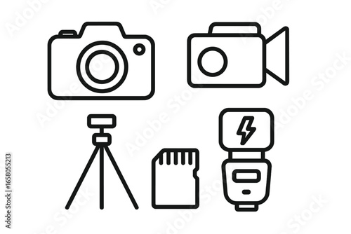 Photography and videography outline icon set. Vector collection of photo and video equipment symbols. Includes camera, camcorder, tripod, flash, and SD memory card icons.