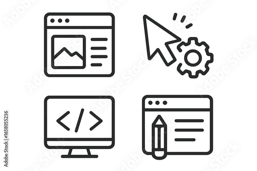 Set of 4 Vector Icons for Web Design, Web Development, User Interface Elements, Coding and Content Creation, Minimalist Line Art on Transparent Background
