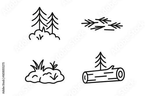 Pine forest ecosystem vector icon set. Outline illustrations of conifer trees, forest floor needles, understory shrub, moss patch, fallen log. Temperate woodland environment flora design collection