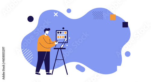 Abstract illustration of a male artist painting on an easel, representing creativity, artistic expression, and hobby. Ideal for design, education, or lifestyle content.