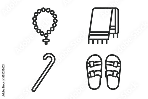 Pilgrim and devotee items outline icon set. Vector illustration of rosary beads, prayer shawl, staff, and sandals. Symbols of faith, religion, spiritual journey, and belief.