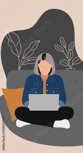 Young person comfortably working from home on a laptop, embodying remote work, freelancing, online learning, and digital lifestyle.