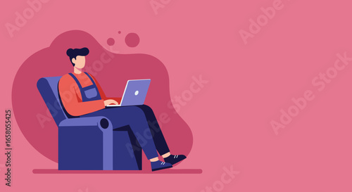Illustration of a person relaxing on an armchair while working remotely on a laptop, depicting modern flexible work and comfortable home lifestyle.
