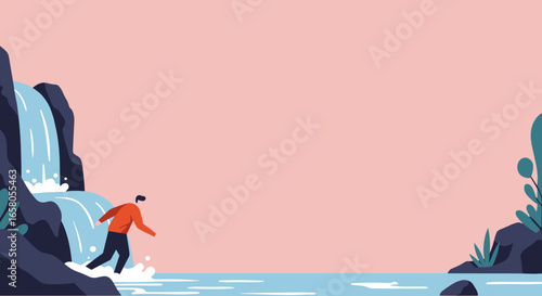 Man wading through water at the base of a majestic waterfall in a serene natural landscape, symbolizing exploration and new journeys.