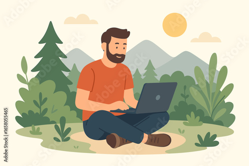 Remote work freedom. Man works on laptop in nature. Digital nomad lifestyle concept. Freelancer character sitting outdoors in park. Work from anywhere vector illustration.