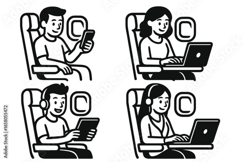 Airplane passengers using devices icon set. People in cabin with laptop, phone, tablet. Man, woman working on flight. Inflight travel concept. Vector line art illustration.