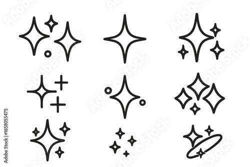 Sparkles icon set. Starbursts and twinkles. Shine and clean symbols. Minimalist line art collection. Pure magic glitter effect. Stars and graphic elements for decoration. Vector.