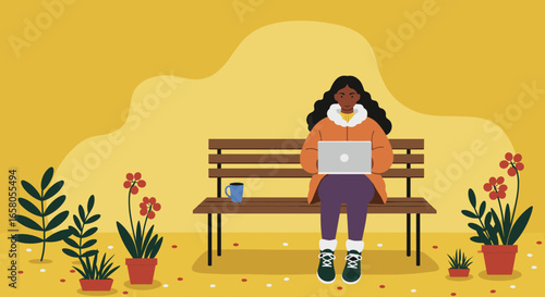 Young woman working on laptop outdoors in a park, representing remote work, freelance, and a flexible lifestyle. Education concept.