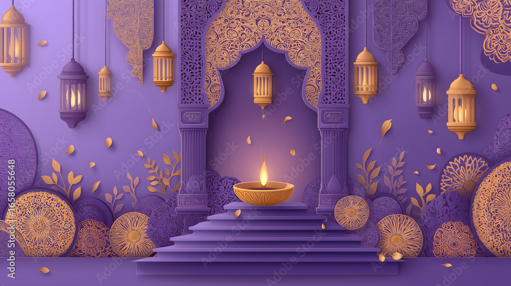 Obraz premium Diwali diya lamps burning on decorative purple background, Happy Diwali