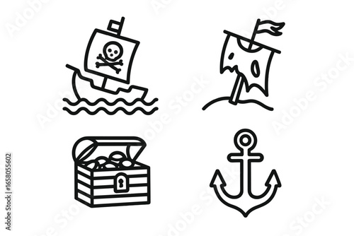 Pirate icon set with 4 outline designs featuring pirate shipwreck silhouettes, broken masts, tattered sails, anchors, and treasure loot illustrations in vector style on transparent background