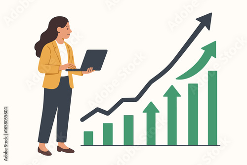 Return on investment concept. Woman investor with laptop analyzing stock market graph. Financial growth and success. Business analytics for profit and market trend. Economy.