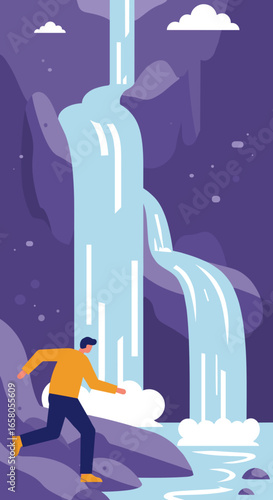 Man exploring a vibrant mountain landscape with a flowing waterfall, depicting adventure, travel, and the beauty of nature.