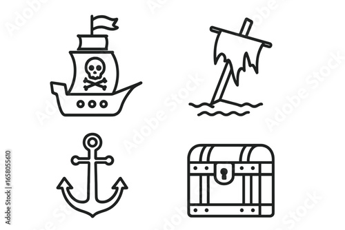 Pirate ship icon set. Outline vector collection of pirate ship with skull flag, shipwreck with broken mast and tattered sail, nautical anchor, treasure chest. Adventure and marine loot symbols.