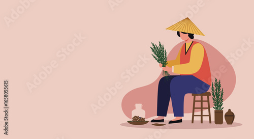 Person in traditional conical hat preparing natural herbs for holistic health or cooking, representing ancient practices and organic ingredients.