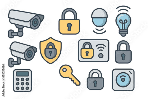 Security and automation icon set for smart home systems. Vector collection of surveillance cameras, locks, motion sensors, keypads, and access control symbols for modern tech.
