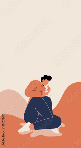 A man sits contemplatively in an abstract, serene landscape, reflecting on well-being and personal peace. Ideal for themes of self-care and mindfulness.