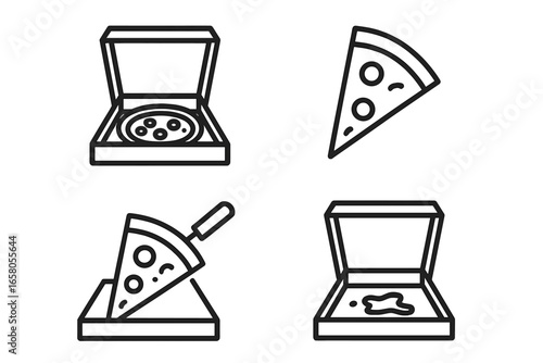 Outline vector pizza box icon set featuring pizza box opening, serving box flaps, triangular slice, serving spatula, and grease stain illustrations on transparent background
