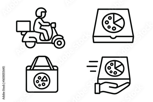 Pizza delivery icon set. Vector outline icons for food delivery service, fast food, takeaway. Courier on scooter, pizza box, insulated bag, hand holding order pictogram.